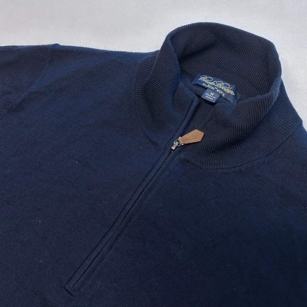 Brooks Brothers Saxon Wool Quarter Zip Sweater Mens Medium Navy Blue Mock Neck